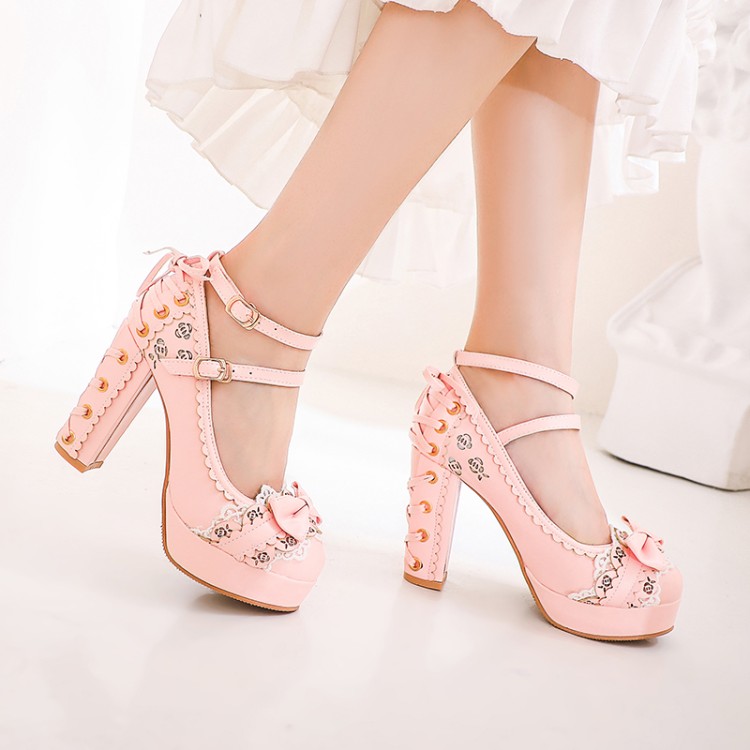 Lolita Mary Jane High Heel Shoes with Flower Lace Detail - Image 5