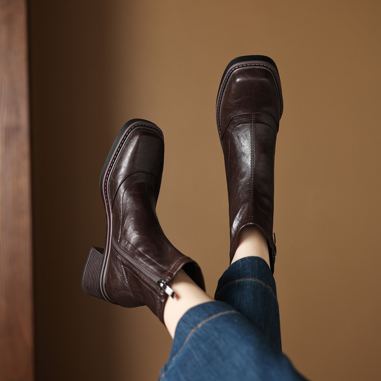 Punk High Heel Square Toe Mid Calf Fashion Boots