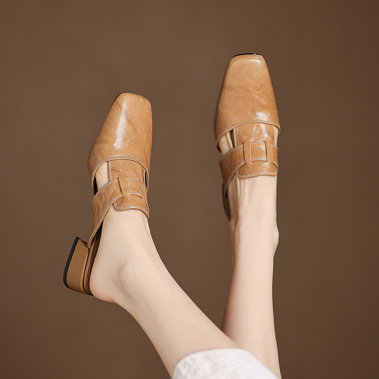 Women's Closed Toe Mid Heel Slippers with Chunky Heel and Hollow Out Design - Image 4