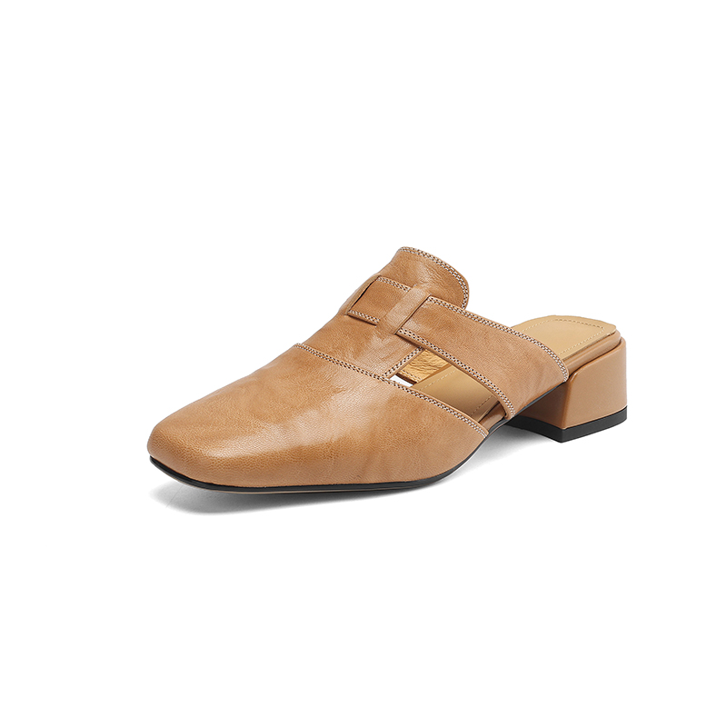 Women's Closed Toe Mid Heel Slippers with Chunky Heel and Hollow Out Design - Image 5