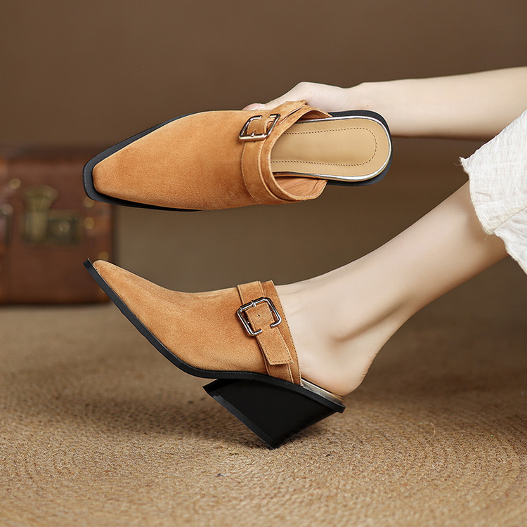 Women’s High Heel Closed Toe Slippers with Buckle and Straps