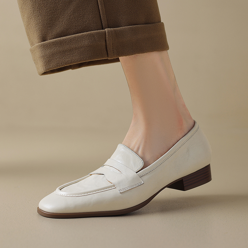 Women’s Leather Loafers Low Chunky Heel Slip-On Shoes