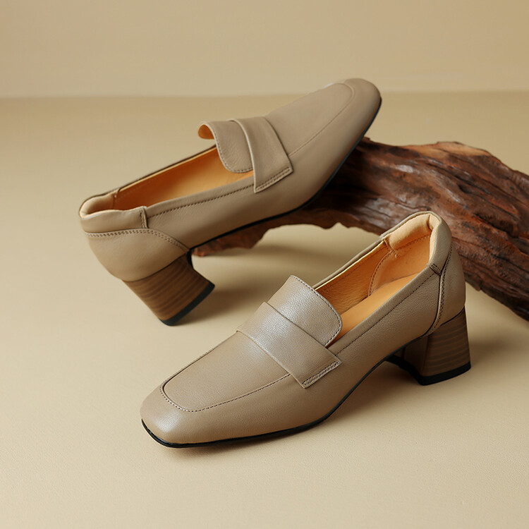 Women's Leather Loafers Retro Chunky Mid Heel Slip-On Shoes - Style c.html - Image 5
