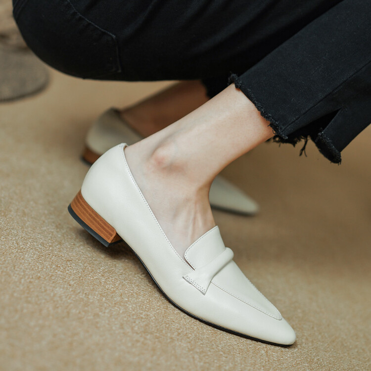 Women’s Pointed Toe Chunky Heel Loafers – Top Grain Leather Slip-On Shoes – Style k.html
