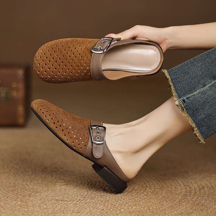Women’s Suede Closed Toe Slippers with Buckle Low Heel